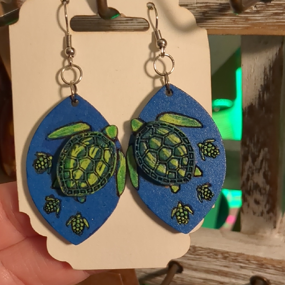 Hand-Painted Blue and Green Turtle Earrings